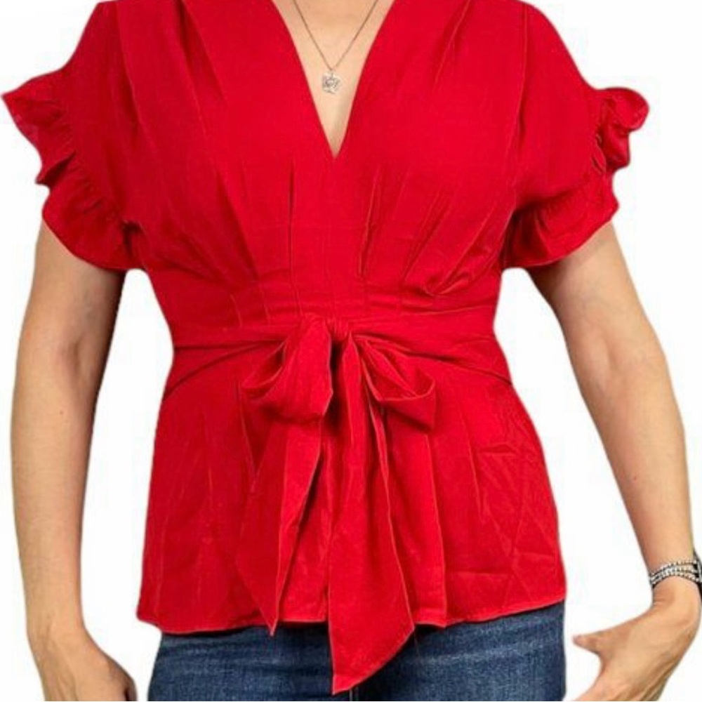 Max Studio Red Flutter Sleeve Tie Front Blouse